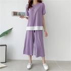 Set: Contrast-hem T-shirt + Band-waist Pants