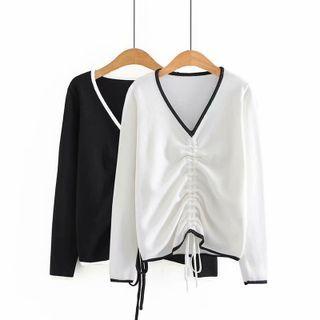 Drawstring Contrast Trim Knit Top