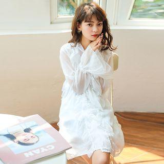 Long-sleeve Ruffle Trim Chiffon Dress