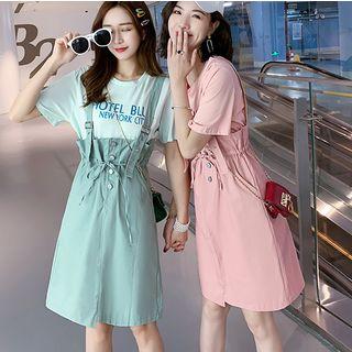 Set: Lettering Short-sleeve T-shirt + Tie Waist Jumper Dress