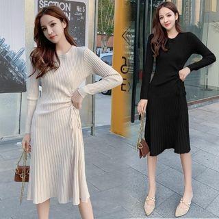 Drawstring Long-sleeve Knit Midi A-line Dress