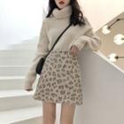 Set: Turtleneck Sweater + Leopard A-line Mini Skirt