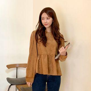 Shirred-shoulder Corduroy Peplum Blouse