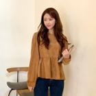 Shirred-shoulder Corduroy Peplum Blouse