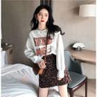 Letter Print Pullover / Leopard Patterned Mini A-line Skirt
