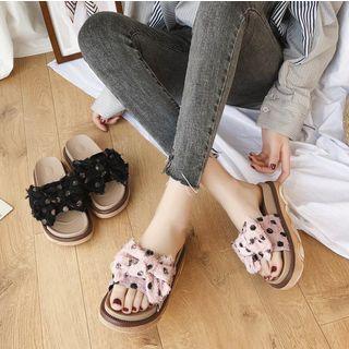 Frayed Ribbon Accent Slide Platform Sandals