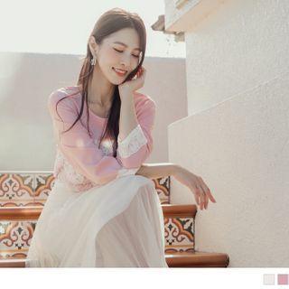 3/4-sleeve Cuffed Lace Panel Chiffon Top