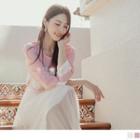3/4-sleeve Cuffed Lace Panel Chiffon Top