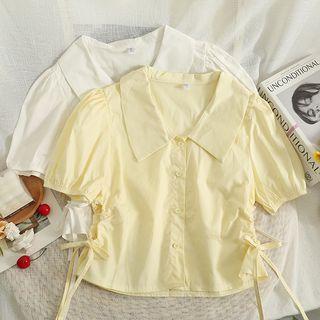 Drawstring-side Puff-sleeve Crop Shirt