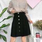 Button-up Pleated Mini A-line Skirt