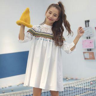 Elbow-sleeve Lace Panel Pleated Dress