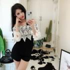 Off-shoulder Lace Panel Short-sleeve Playsuit