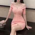 Short-sleeve Cold Shoulder Knit Mini Bodycon Dress Pink - One Size