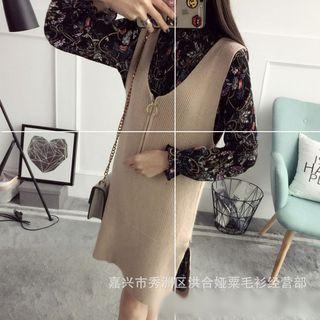 Set: Floral Print Long Sleeve Dress + V-neck Knit Pinafore Dress