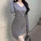 Long-sleeve Asymmetrical Buckled Mini Sheath Dress