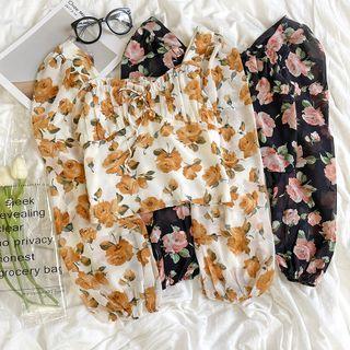 Long-sleeve Floral Printed Square-neck Chiffon Top
