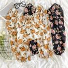 Long-sleeve Floral Printed Square-neck Chiffon Top