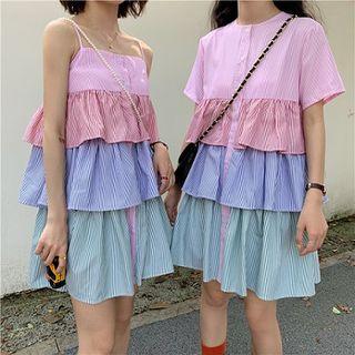 Buttoned A-line Mini Tiered Dress