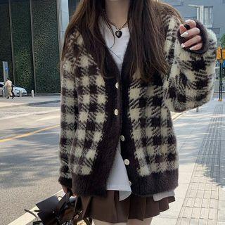 Plaid Long-sleeve Cardigan / High-waist Accordion Pleat Mini Skirt