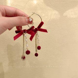 Ribbon Rhinestone Fringed Earring 1 Pair - Earrings - Bow & Fringed - Red - One Size