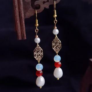 Faux Pearl Agate Alloy Dangle Earring 1 Pair - White Faux Pearl & Red Agate - Gold - One Size
