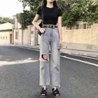 Short-sleeve Cropped T-shirt / Ripped Straight Cut Jeans / Grommet Faux Leather Belt