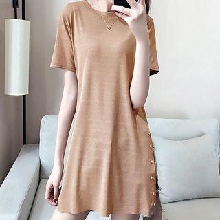 Beaded Side Slit Short Sleeve T-shirt Dress