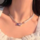 Rhinestone Faux Pearl Chain Necklace Purple - One Size