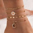 Set Of 4 : Flower / Moon / Star Rhinestone Alloy Anklet (assorted Designs) 16751 - Gold - One Size