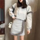 Set: Furry-trim Hooded Pullover + Skirt
