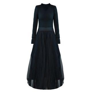 Mesh Overlay Long-sleeve Maxi A-line Dress