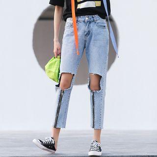 Zip Detail Cutout Cropped Jeans
