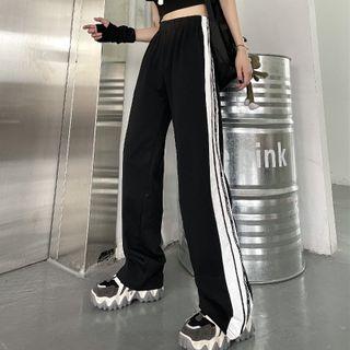 Lettering Striped Trim Wide Leg Pants