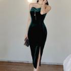 Chain Strap Velvet Midi Sheath Dress