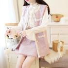 Set: Tie-neck Lace Blouse + Plaid Buttoned Vest + Fringed A-line Skirt