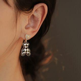 Checkerboard Bear Drop Earring 1 Pair - Stud Earring - Bear - Black & White - One Size