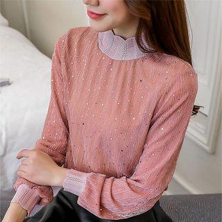 Glittered Mock Neck Long-sleeve Top