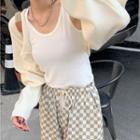 Plain Cardigan / Checkerboard Wide-leg Pants