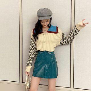 Set: Collared Cardigan + Faux Leather Mini A-line Skirt