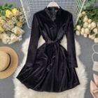 Choker Long-sleeve A-line Mini Velvet Dress Black - One Size