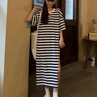 Short-sleeve Striped Midi T-shirt Dress Stripes - Black & White - One Size