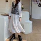 Puff-sleeve Midi A-line Dress / Lace Vest