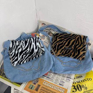 Zebra Print Panel Denim Crossbody Bag