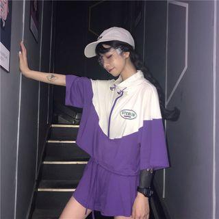 Set: Color Block Half Zip 3/4-sleeve T-shirt + Shorts