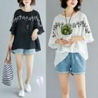 Floral Embroidered Elbow-sleeve Chiffon Top