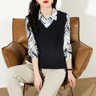 Mock Two-piece Color Block Shirt Panel Top