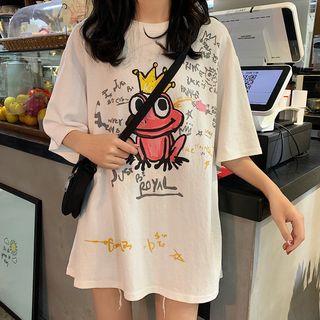 3/4-sleeve Frog Print Long T-shirt