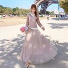Set: Contrast Trim Long-sleeve Sweater + Faux Pearl Mesh Maxi A-line Skirt