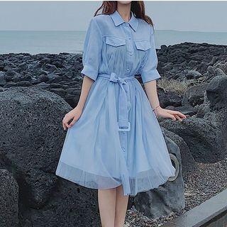 Pocket Detail Elbow-sleeve Shirtdress