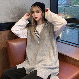 Distressed Loose-fit Knit Vest / Loose-fit Plain T-shirt